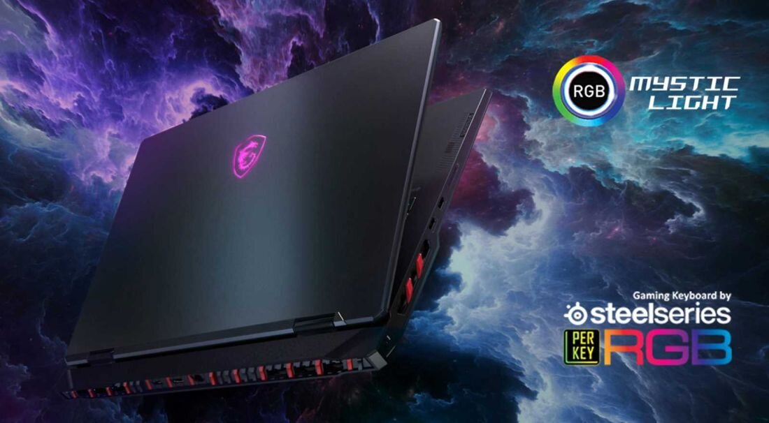 Laptop MSI Raider 18 HX AI - MSI Raider 18 HX AI, laptop do gier, z tęczowym tłem, ukazujący elegancki wygląd i zaawansowane możliwości. System Mystic Light 16,8 mln kolorów