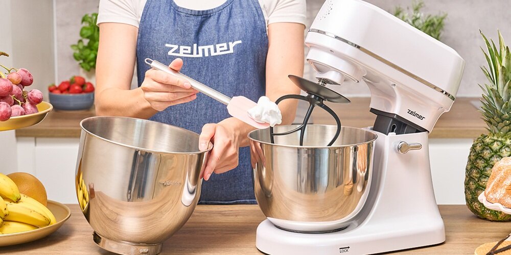 Robot kuchenny planetarny ZELMER ZKR2000 800W Super Silent 2 misy w zestawie robot w użyciu z dwiema misami na blacie kuchennym, stal nierdzewna, większe porcje, praca bez przerw