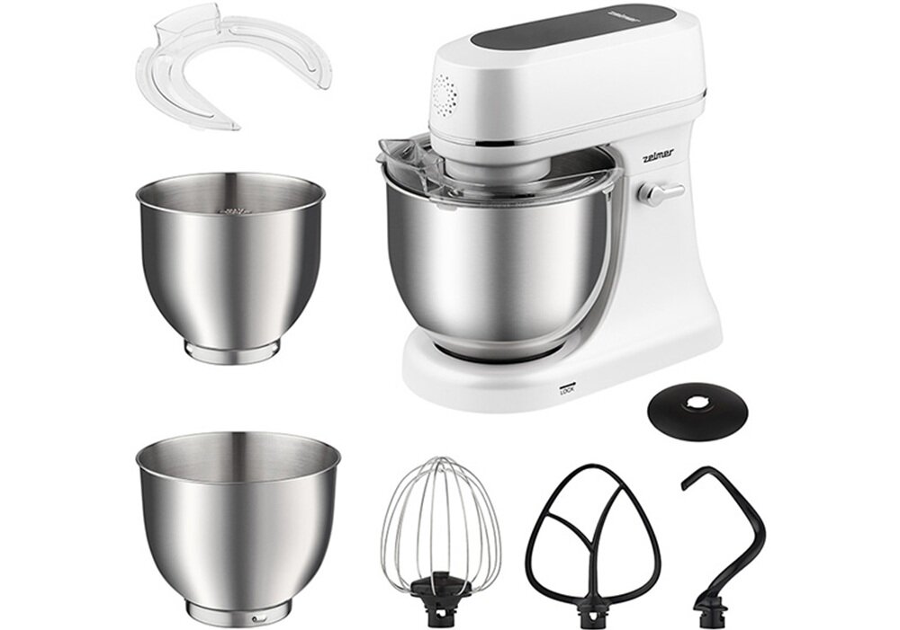 Robot kuchenny planetarny ZELMER ZKR2000 800W Super Silent 2 misy w zestawie pełen zestaw akcesroii na białym hak do ciasta, mieszadło, trzepaczka