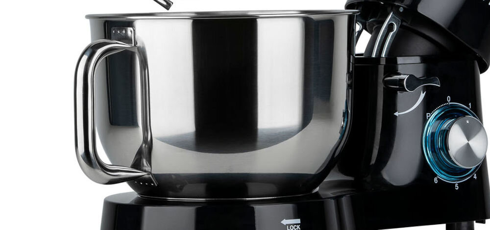 Robot kuchenny planetarny LOVIO HOME ChefAssistant LVSTM01BK 1900W misa stal nierdzewna rączka pokrętło niebieskie podświetlenie duża misa pojemność 6,2 litra wysoka jakość stali nierdzewnej trwała łatwa w czyszczeniu wbudowana miarka odmierzanie składników ergonomiczny uchwyt wygodne komfortowe przygotowanie większych porcji gotowanie dla całej rodziny