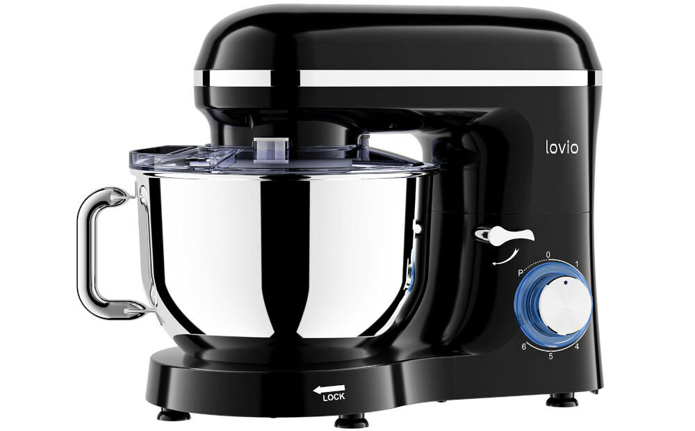 Robot kuchenny planetarny LOVIO HOME ChefAssistant LVSTM01BK 1900W robot misa zamknięte ramię osłonka uchwyt w misce pokrętło antypoślizgowe nóżki trwałość metalowy mechanizm napędowy solidna obudowa wytrzymałość intensywne użytkowanie wyrabianie nawet ciężkich ciast zabezpieczenie przed przegrzaniem oraz przeciążeniem bezpieczne użytkowanie