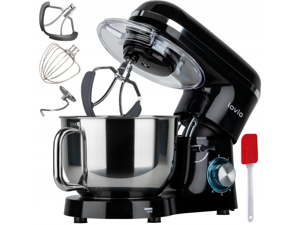 Robot kuchenny planetarny LOVIO HOME ChefAssistant LVSTM01BK 1900W hak do wyrabiania ciasta końcówka do mieszania misa pokrywa do misy szpatułka dokumentacja