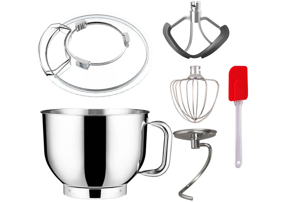 Robot kuchenny planetarny LOVIO HOME ChefAssistant LVSTM01RD 1900W pokrywa misa stal nierdzewna silikonowe krawędzie akcesoria szpatułka mieszadła białe tło wszystkie niezbędne akcesoria hak do wyrabiania ciasta końcówka do ubijania mieszadło z silikonowymi krawędziami silikonowa szpatułka pokrywa przeciwbryzgowa zabezpieczenie przed zabrudzeniami komfort użytkowania wszechstronne gotowe do pracy 