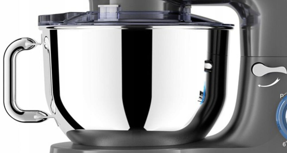 Robot kuchenny planetarny LOVIO HOME ChefAssistant LVSTM01GY 1900W misa stal nierdzewna rączka pokrętło niebieskie podświetlenie duża misa pojemność 6,2 litra wysoka jakość stali nierdzewnej trwała łatwa w czyszczeniu wbudowana miarka odmierzanie składników ergonomiczny uchwyt wygodne komfortowe przygotowanie większych porcji gotowanie dla całej rodziny