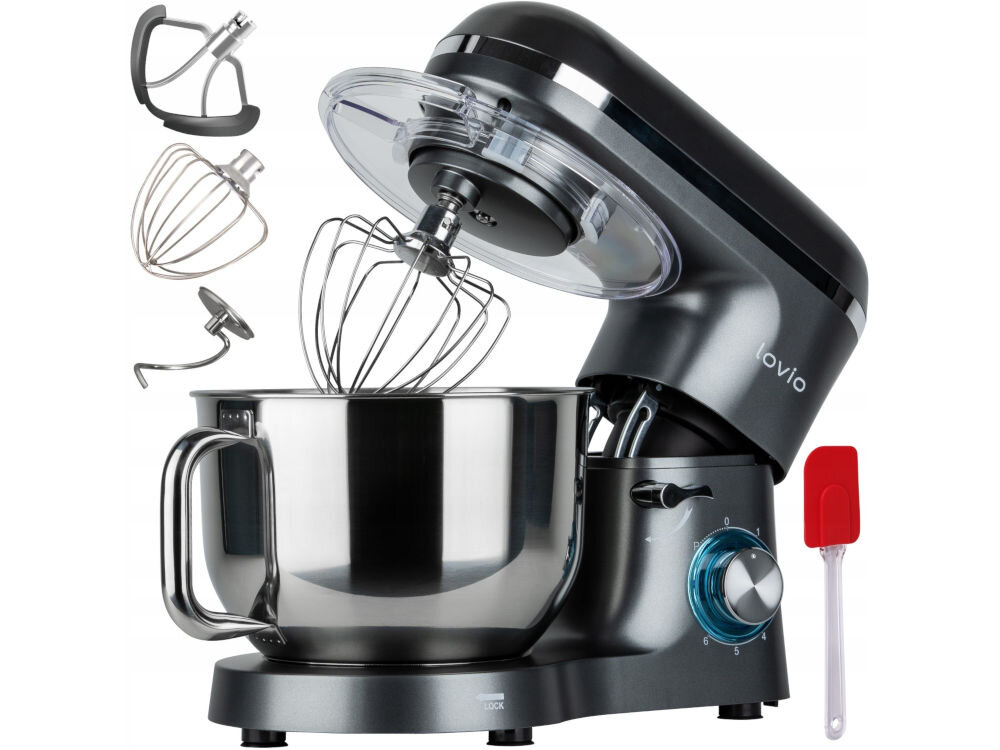 Robot kuchenny planetarny LOVIO HOME ChefAssistant LVSTM01BK 1900W hak do wyrabiania ciasta końcówka do mieszania misa pokrywa do misy szpatułka dokumentacja