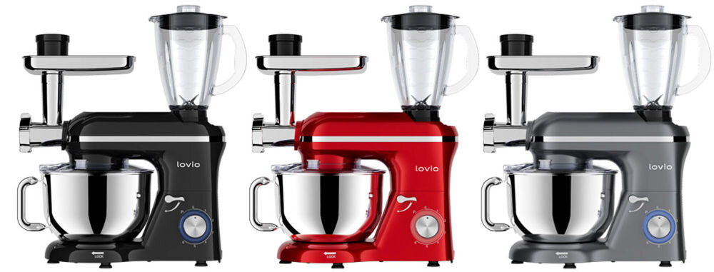 Robot kuchenny planetarny LOVIO HOME ChefAssistant Plus LVSTM02PGY 1900W z blenderem kielichowym i maszynką do mięsa roboty w 3 kolorach czarny czerwony szary blender pokrętła maszynka do mięsa misa