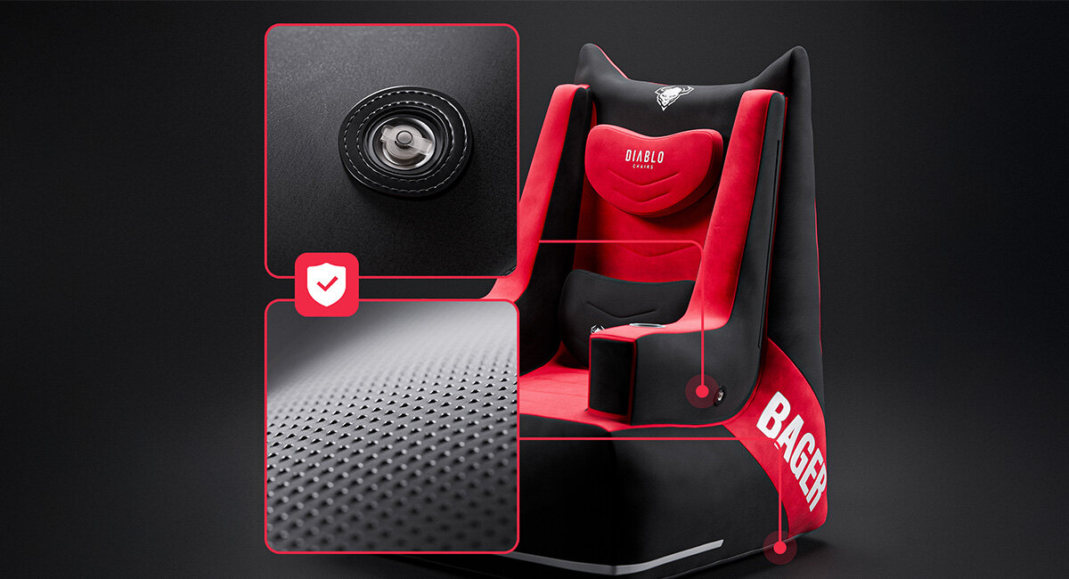 DIABLO CHAIRS X-Bager Trzy komory powietrzne materiałem o dużej gramaturze udźwig to aż 120 kg Antypoślizgowa powłoka - materiał z bliska i fotel na ciemnym tle