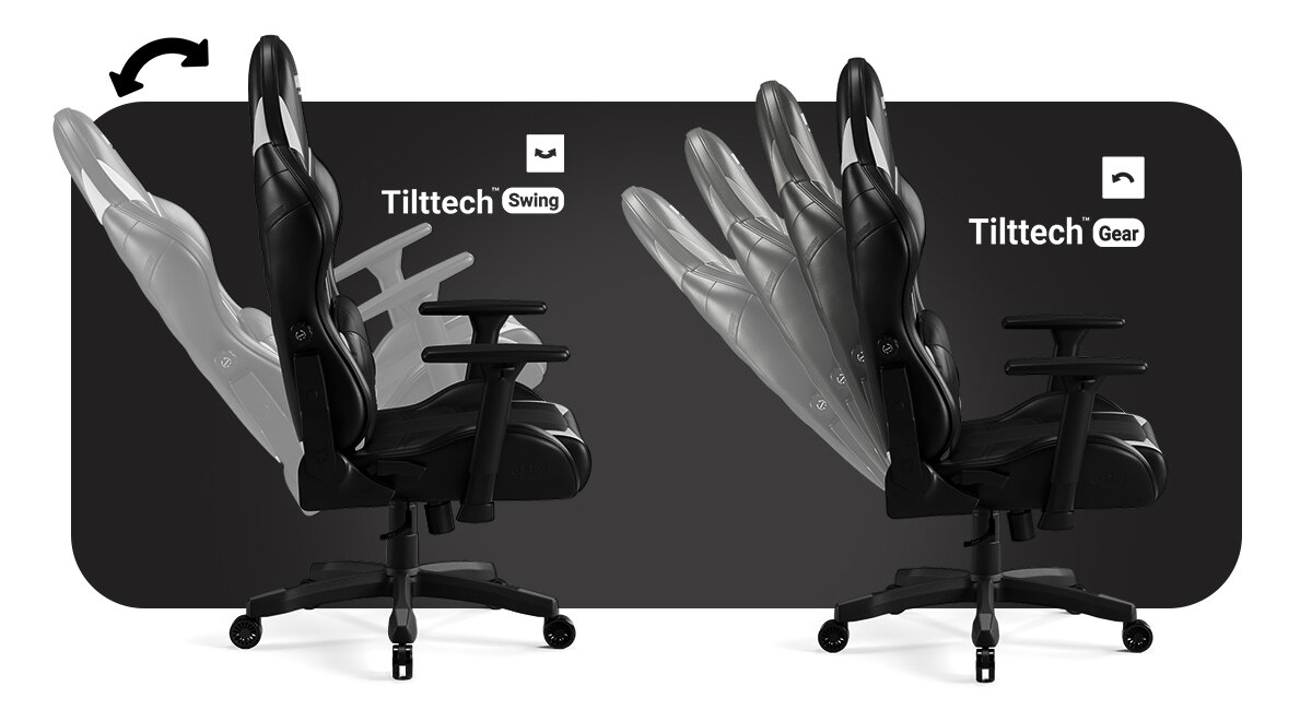 DIABLO CHAIRS X-Ray 2.0 Tilttech™ Lift Tilttech™ Gear nachylenie oparcia Tilttech™ Swing - fotel od boku, przedstawiona regulacja fotela