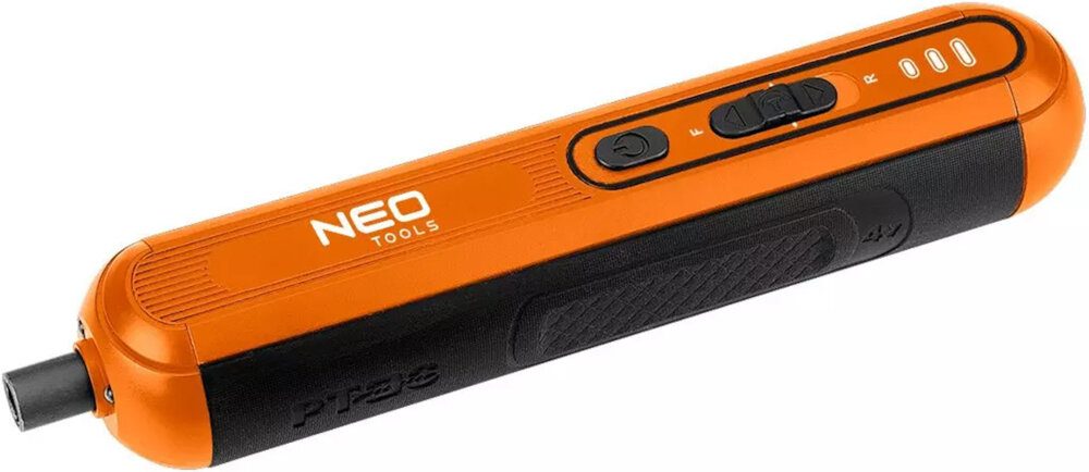 Wkrętak akumulatorowy NEO TOOLS 04-199 wkrętak na białym tle napięcie 4 V wygodna konstrukcja i ergonomiczna ogumowana rękojeść lekka konstrukcja waga 0,28 kg