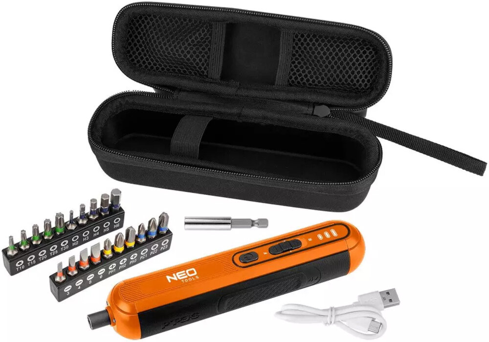 Wkrętak akumulatorowy NEO TOOLS 04-199 zestaw na białym tle w zestawie wkrętak kabel USB-A/USB-C adapter 60 mm etui 20 końcówek dokumentacja