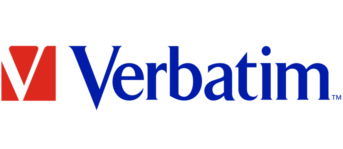 Logo Verbatim z czerwonym symbolem i niebieskim napisem \'Verbatim\'.
