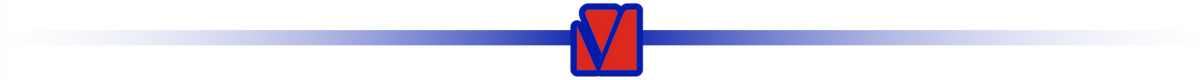 Obraz przedstawia logo z literą \'V\' w kolorze czerwonym na niebieskim tle, umieszczone na poziomej linii gradientowej od białego do niebieskiego.