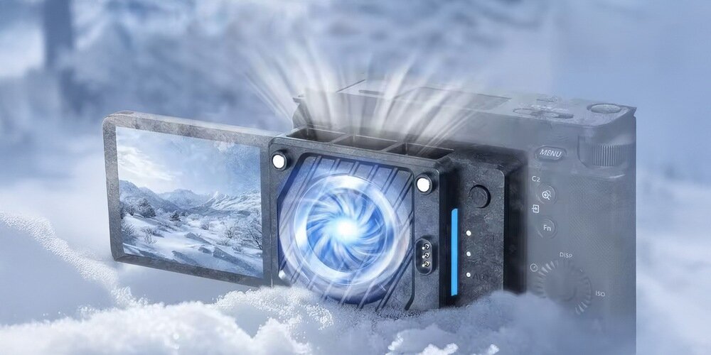 Wentylator chłodzący Ulanzi CU01 Kit zaontowany w zimowym klimacie