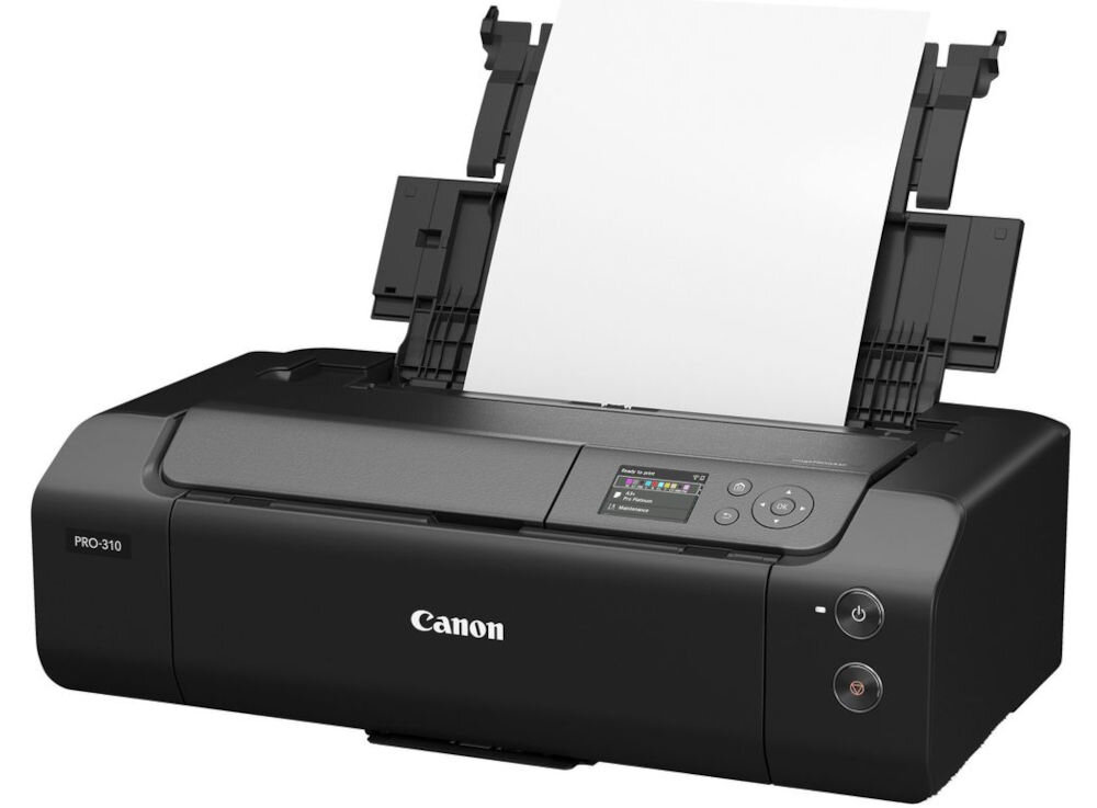 Drukarka CANON ImagePROGRAF PRO-310 Druk w kolorze, Wi-Fi urządzenie na białym tle od przodu pod kątem z włożoną czystą kartką szeroki zakres obsługiwanych rodzajów i rozmiarów papieru dopasowanie papieru do zdjęcia ochrona przed zagnieceniem