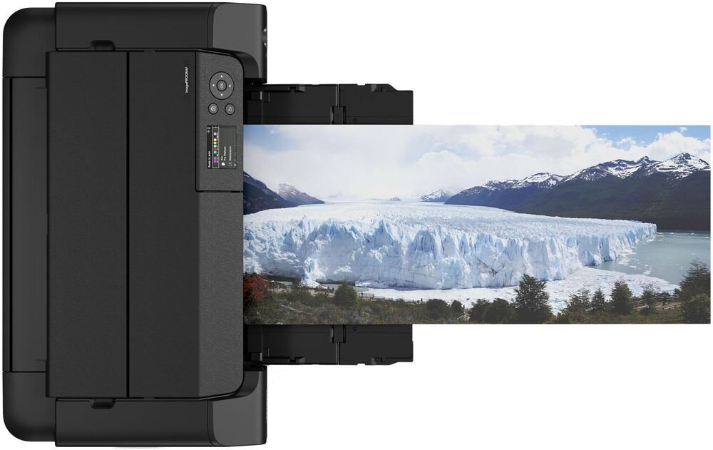 Drukarka CANON ImagePROGRAF PRO-310 Druk w kolorze, Wi-Fi urządzenie na białym tle od góry z wychodzącą kartką druk panoramiczny produkcja panoram niestandardowe formaty druk bez ramki rozdzielczość druku