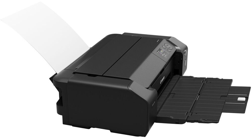 Drukarka CANON ImagePROGRAF PRO-310 Druk w kolorze, Wi-Fi urządzenie na białym tle od boku z włożoną czystą kartką łączność Wi-Fi Ethernet stabilna komunikacja