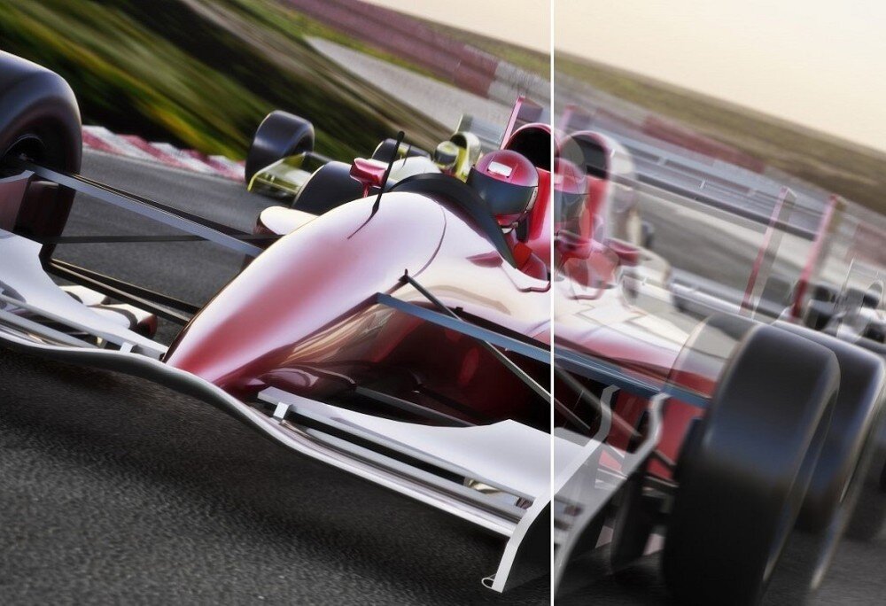 Monitor ACER Nitro ED270RH Porównanie wyścigowego bolidu na torze z podziałem obrazu na dwie części – po lewej stronie wyraźny, po prawej stronie rozmyty, sugerując różnicę w jakości wyświetlania ruchu, odświeżanie, czas reakcji