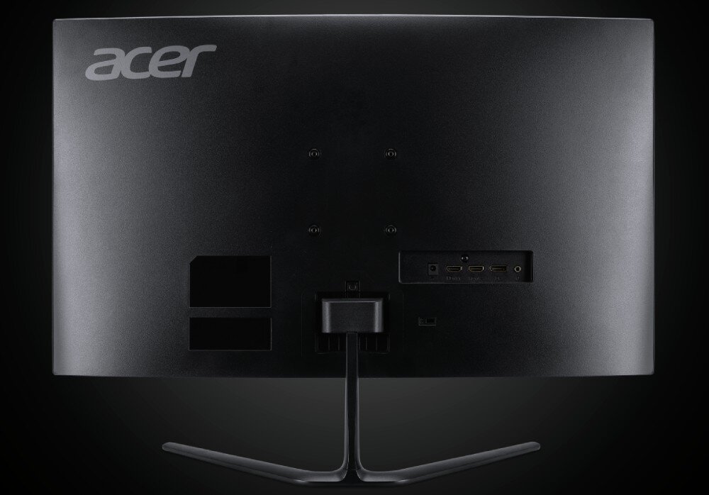 Monitor ACER Nitro ED270RH Tył monitora z widocznym logo producenta, otworami do montażu oraz złączami: dwa porty HDMI, złącze VGA i wyjścia audio. Tło czarne, porty, gniazda, podstawa, regulacja, VESA