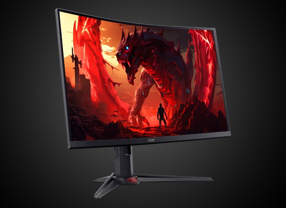 Monitor ACER Nitro XZ323QUP2 Zakrzywiony monitor z wyświetlonym czerwonym smokiem i postacią na tle ognistego krajobrazu, opis