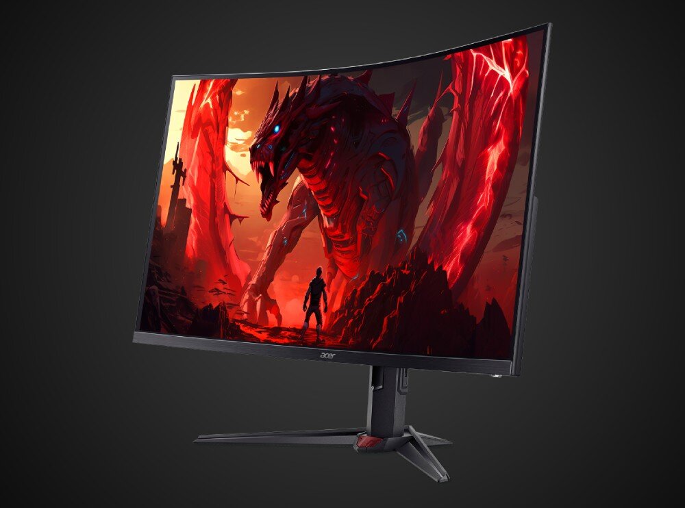 Monitor ACER Nitro XZ273UX2BMIIPRX Monitor z zakrzywionym ekranem wyświetlający scenę z gry, w której postać stoi naprzeciw czerwonego smoka w fantastycznym, ognistym otoczeniu, opis