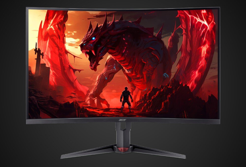 Monitor ACER Nitro XZ273UX2BMIIPRX Monitor z włączonym ekranem ukazujący czerwoną, fantastyczną scenę z potężnym smokiem i stojącą przed nim postacią, podstawa, regulacja, ergonomia, głośniki