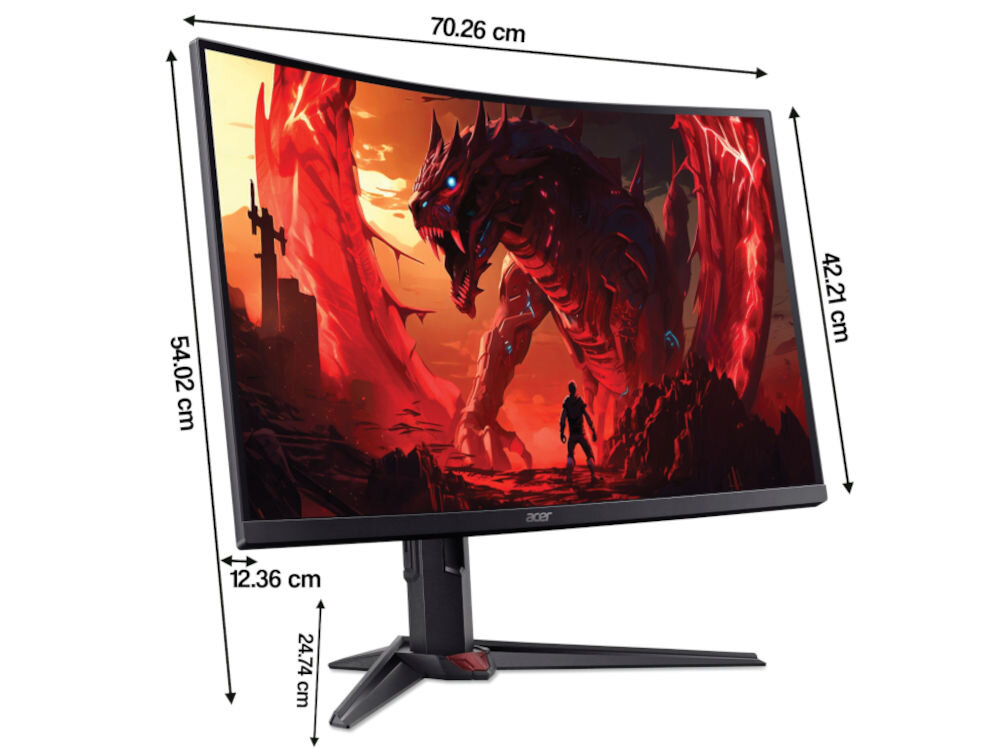 Monitor ACER Nitro XZ323QKP1bmiiprx 31.5 cali 3840x2160px 165Hz 1 ms [VRB] Curved prezentacja monitora od przodu na białym tle pod kątem wymiary 70,26 cm szerokości 54,02 cm wysokości z podstawą 42,21 cm wysokość matrycy
