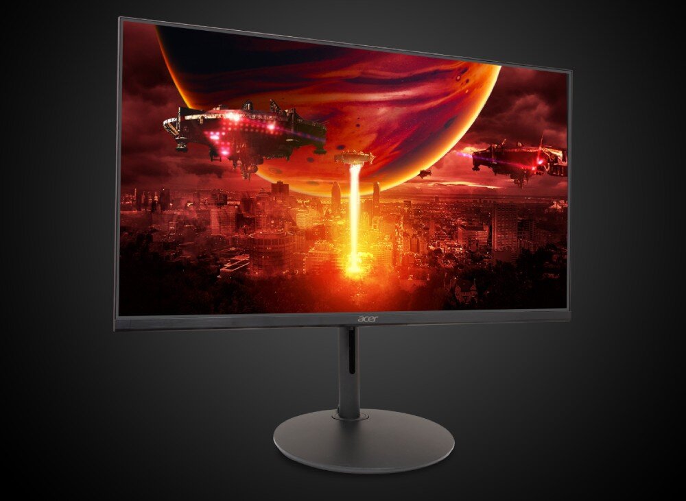 Monitor ACER Nitro XF240Y X1 Monitor z wyświetloną sceną science fiction przedstawiającą miasto atakowane przez statki kosmiczne, z ogromną planetą w tle i intensywnymi efektami świetlnymi, opis