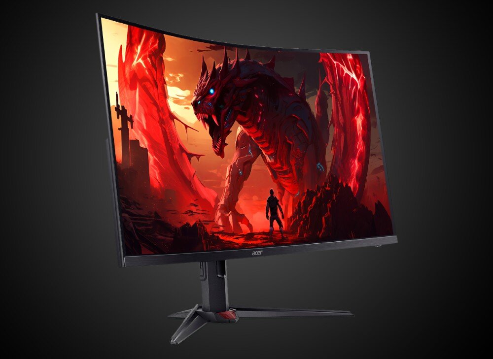 Monitor ACER Nitro XZ323QUX2 Monitor z wyświetlanym obrazem czerwonego smoka i postaci stojącej naprzeciw niego, całość utrzymana w dynamicznej, czerwono-pomarańczowej kolorystyce, opis