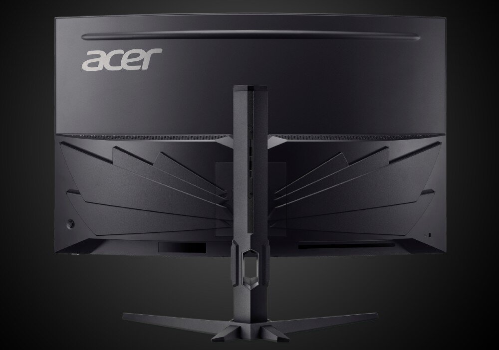 Monitor ACER Nitro XZ323QUX2 Tył monitora z zaznaczoną możliwością regulacji wysokości i nachylenia – pokazane różne pozycje ustawienia podstawy, podstawa, regulacja, ergonomia, głośniki, porty
