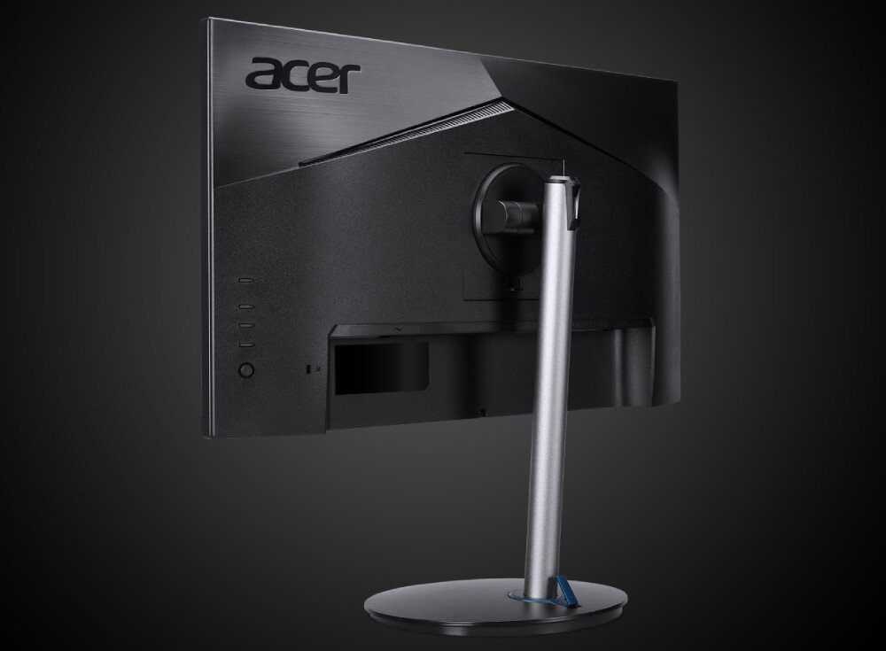 Monitor ACER Nitro XF273UX Tył monitora z widocznym uchwytem, podstawą i logo producenta na czarnej obudowie, podstawa, regulacja, ergonomia, porty