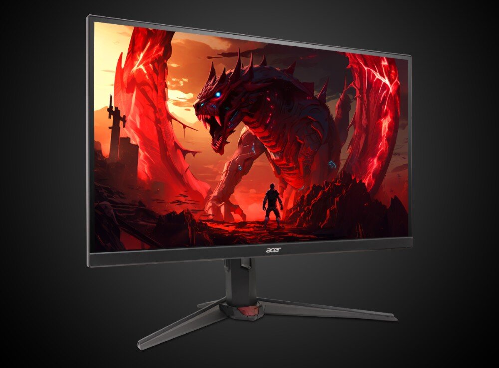 Monitor ACER Nitro XV270X1 Monitor z dynamiczną grafiką smoka na ekranie, na tle ciemnego gradientu; czerwone barwy dominują w scenerii fantasy, postać wojownika stoi naprzeciw ogromnego stwora, opis