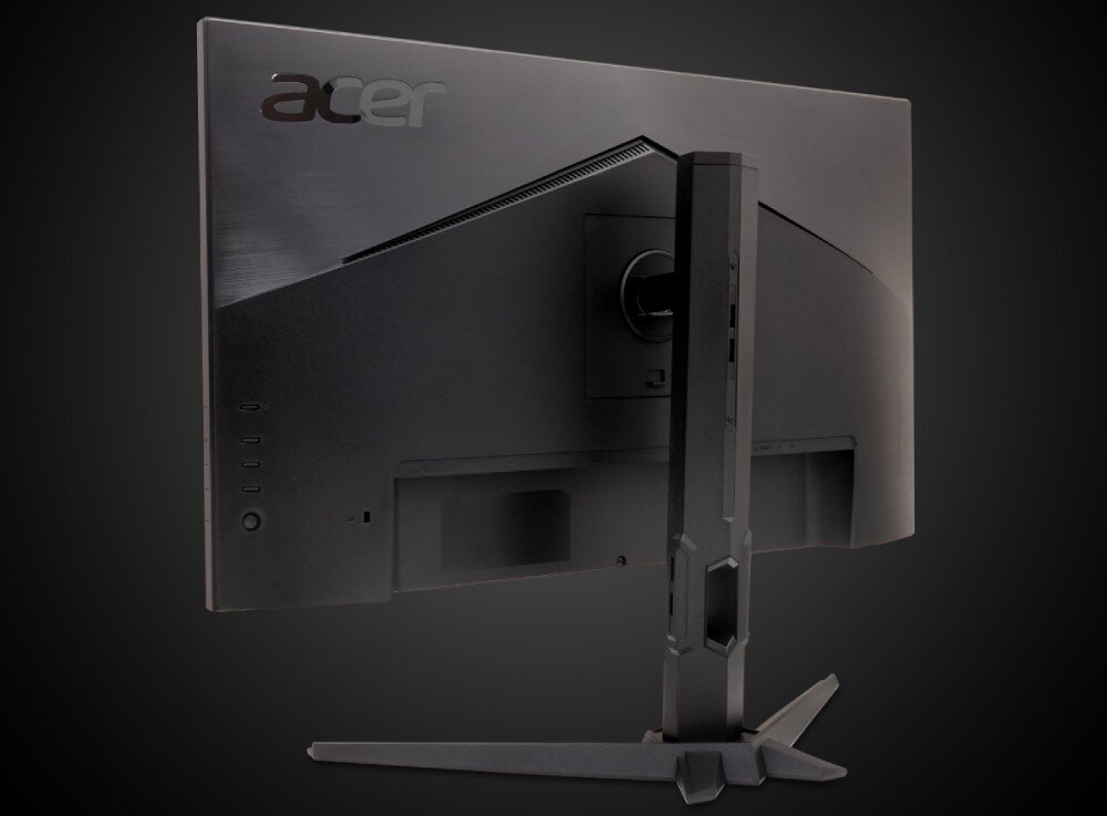 Monitor ACER Nitro XV270X1 Tył monitora z widoczną podstawą i panelem z przyciskami, całość w ciemnej kolorystyce na jednolitym tle, podstawa, regulacja, porty, ramka