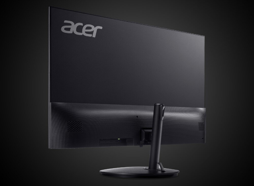 Monitor ACER SH272 G0 Tylny widok monitora ustawionego na okrągłej podstawie. Obudowa gładka u góry i perforowana w dolnej części, widoczne złącza i wbudowane głośniki, głośniki, podstawa, regulacja, porty, mocowanie VESA