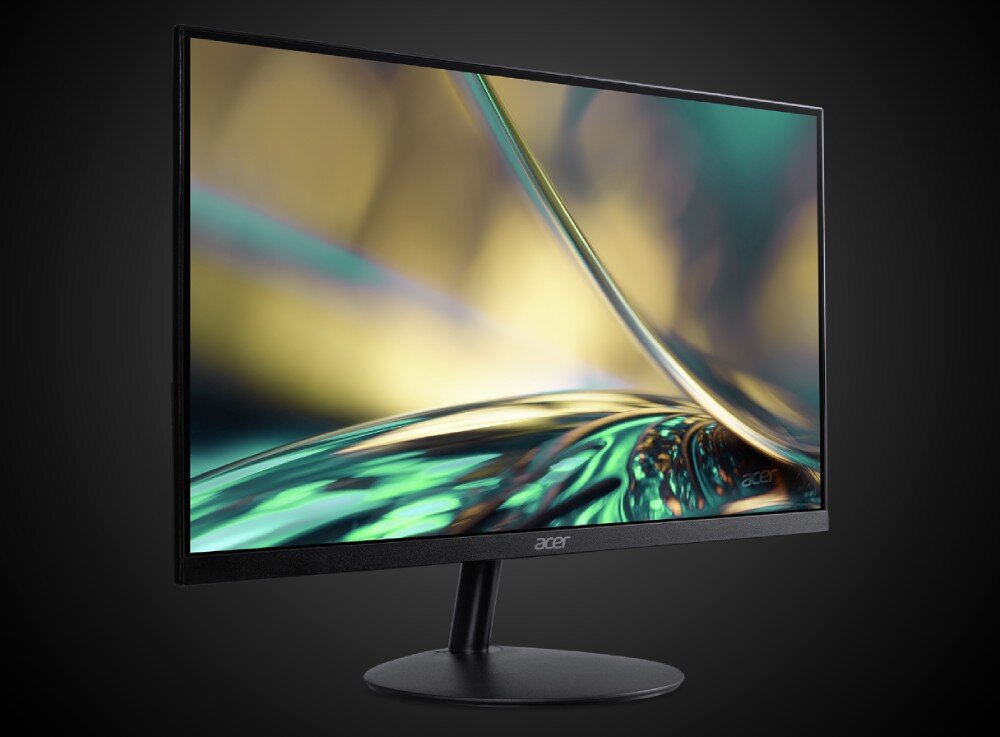 Monitor ACER SA322QH Monitor komputerowy ustawiony na ciemnym tle, widok z lewej strony, ekran włączony i wyświetlający abstrakcyjną grafikę z refleksami światła, opis