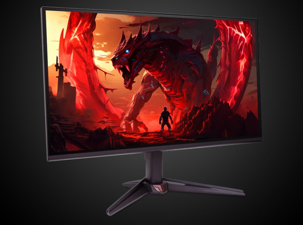 Monitor ACER Nitro VG270G Monitor z wyświetlonym obrazem przedstawiającym czerwonego smoka i sylwetkę wojownika na tle ciemnoczerwonego krajobrazu, opis