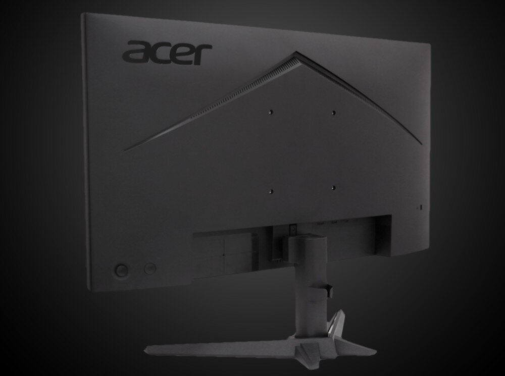 Monitor ACER Nitro VG270G Tył monitora z logo producenta, centralnie umieszczonym ramieniem mocującym i podstawą o trójkątnym kształcie, podstawa, regulacja, porty, gniazda