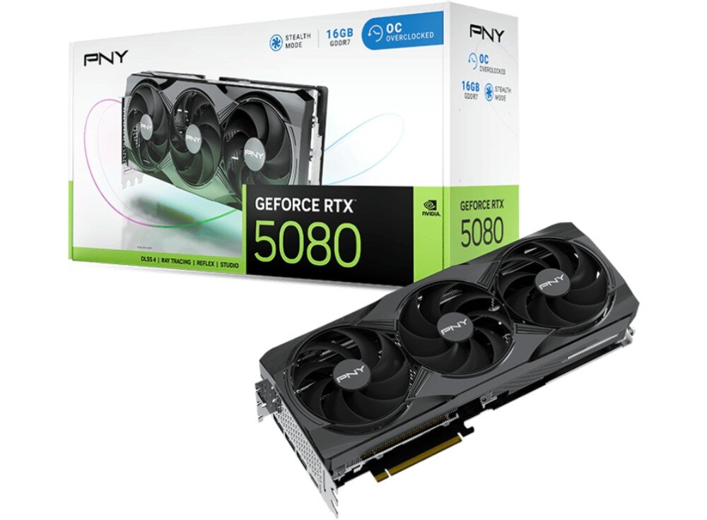 Karta graficzna PNY GeForce RTX 5080 OC Triple Fan 16GB Karta graficzna z trzema wentylatorami przedstawiona na tle pudełka producenta, opis