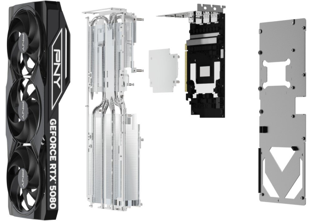 Karta graficzna PNY GeForce RTX 5080 OC Triple Fan 16GB Tylny panel karty graficznej z metalowym backplate’em, który ma gładką powierzchnię ozdobioną wyżłobionym wzorem i otworami wentylacyjnymi, konstrukcja, metalowa płyta tylna