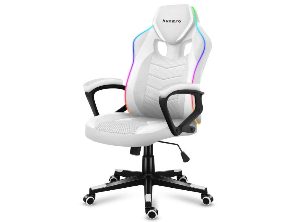 Fotel HUZARO Force 2.5 RGB Biały prezentacja fotela na białym tle od przodu pod kątem