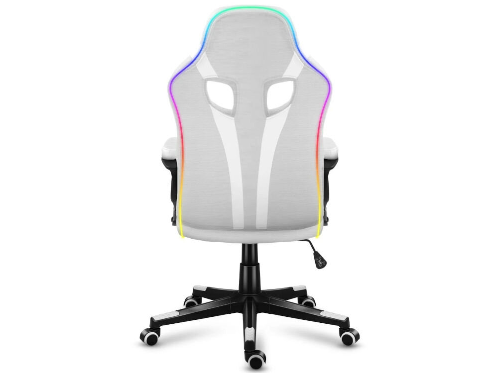 Fotel HUZARO Force 2.5 RGB Biały prezentacja fotela na białym tle od tyłu jasne tkaniny dynamiczne kolorowe oświetlenie LED RGB zmiana wyglądu wnętrza w jednej chwili nastrojowe efekty