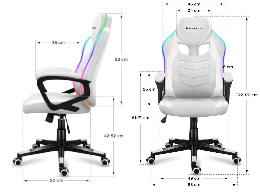 Fotel HUZARO Force 2.5 RGB Biały prezentacja wymiarów fotela od przodu i od boku na białym tle wysokość całkowita 102-112 cm szerokość oparcie wysokość 62 cm szerokość siedziska 49 cm głębokość 50 cm wysokość siedziska 42-52 cm podłokietniki długość 49 cm głębokość 50 cm grubość 6 cm dostosowanie do różnych potrzeb