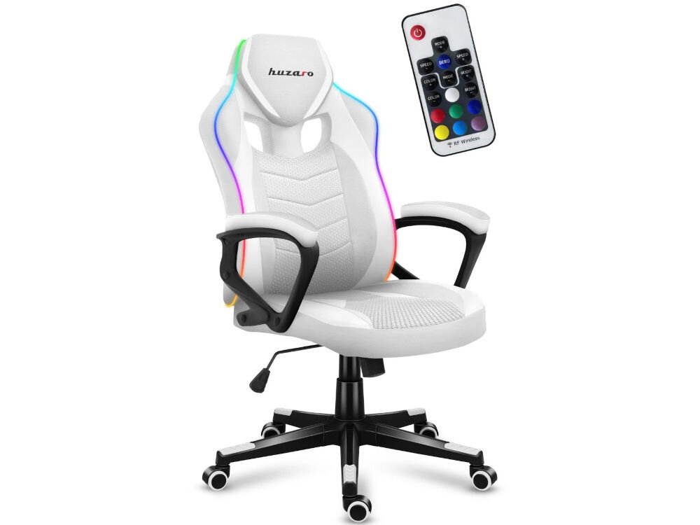 Fotel HUZARO Force 2.5 RGB Biały prezentacja fotela i pilota bezprzewodowego na białym tle sterowanie kolorami i efektami świetlnymi bez wstawania z fotela nastrój
