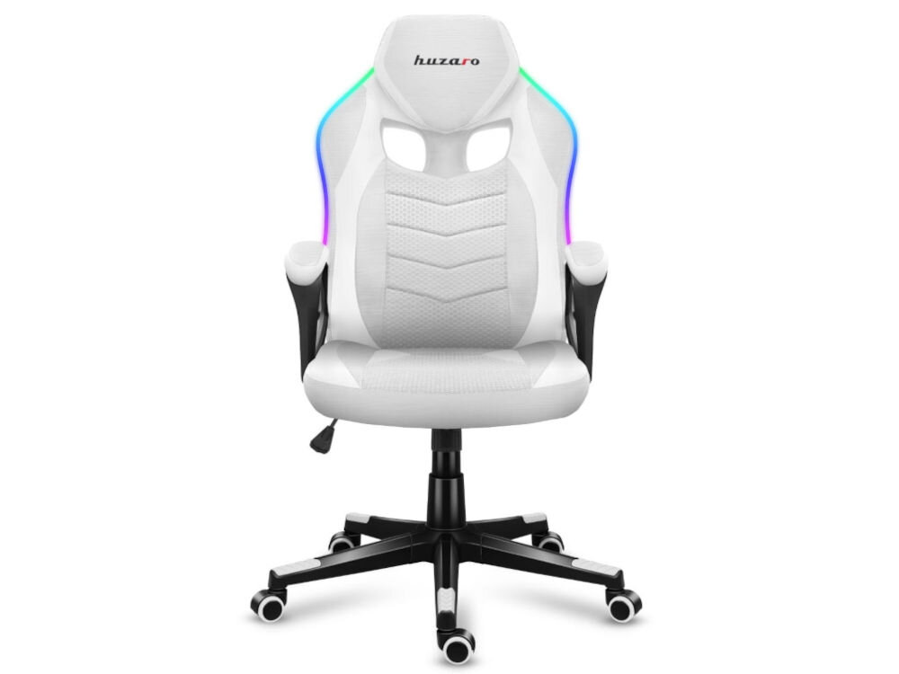 Fotel HUZARO Force 2.5 RGB Biały prezentacja fotela na białym tle wzmocniona konstrukcja siłownik gazowy obciążenie do 130 kg płynna regulacja wysokości dopasowanie siedziska do wzrostu i pozycji wygoda