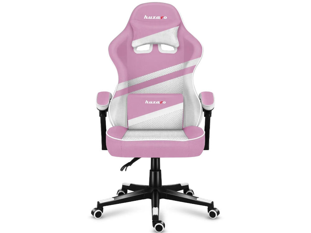 Fotel HUZARO Force 4.4 Różowy prezentacja fotela na białym tle od przodu styl funkcjonalność gracz streamer biuro dobrze prezentuje się w kamerze podkreślenie stylu gracza influencer etetyka wygoda