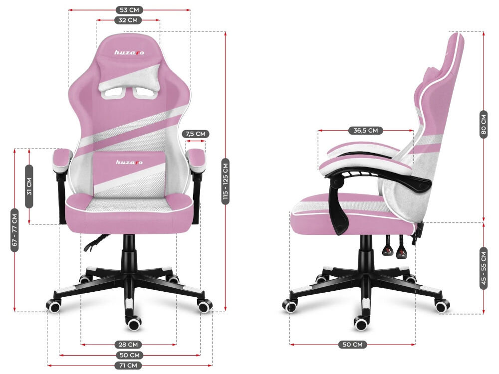 Fotel HUZARO Force 4.4 Różowy prezentacja fotela od przodu i boku z wymiarami siedzisko 50 x 50 cm regulacja wysokości siedziska 45-55 cm wysokość całkowita 115-125 cm indywidualne potrzeby oparcie wysokość 80 cm wspiera plecy podłokietniki długość 31 szerokość 7,5 cm swobodne ułożenie przedramion rozstaw podstawy 71 cm stabilność