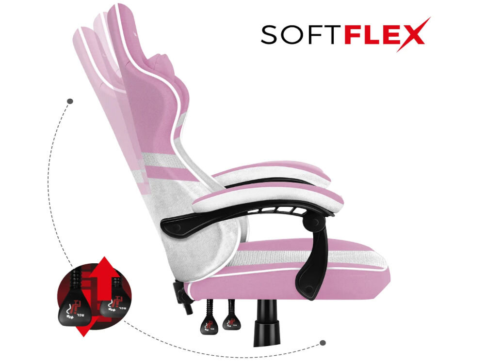 Fotel HUZARO Force 4.4 Różowy prezentacja systemu SoftFlex lekkie bujanie ułatwia relaks poprawia krążenie mechanizm Tilt Plus SideRest odchylenie oparcia i wysunięcie siedziska ergonomiczna pozycja