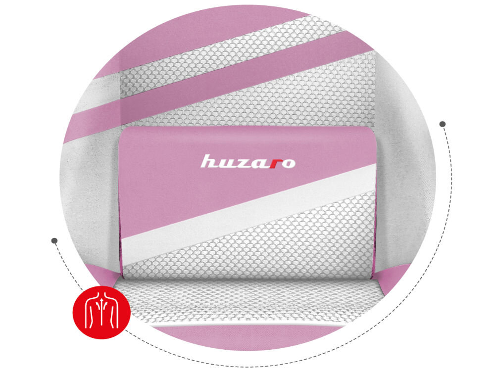 Fotel HUZARO Force 4.4 Różowy zbliżenie na poduszkę lędźwiową fotela ergonomia wspiera naturalne krzywizny kręgosłupa redukcja napięcia mięśni pomaga utrzymać prawidłową postawę
