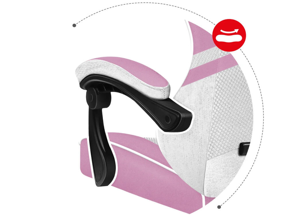 Fotel HUZARO Force 4.4 Różowy zbliżenie na podłokietnik miękki materiał nie ślizga się pod dłońmi redukuje obciążenie ramion i barków ergonomiczny kształt wygoda