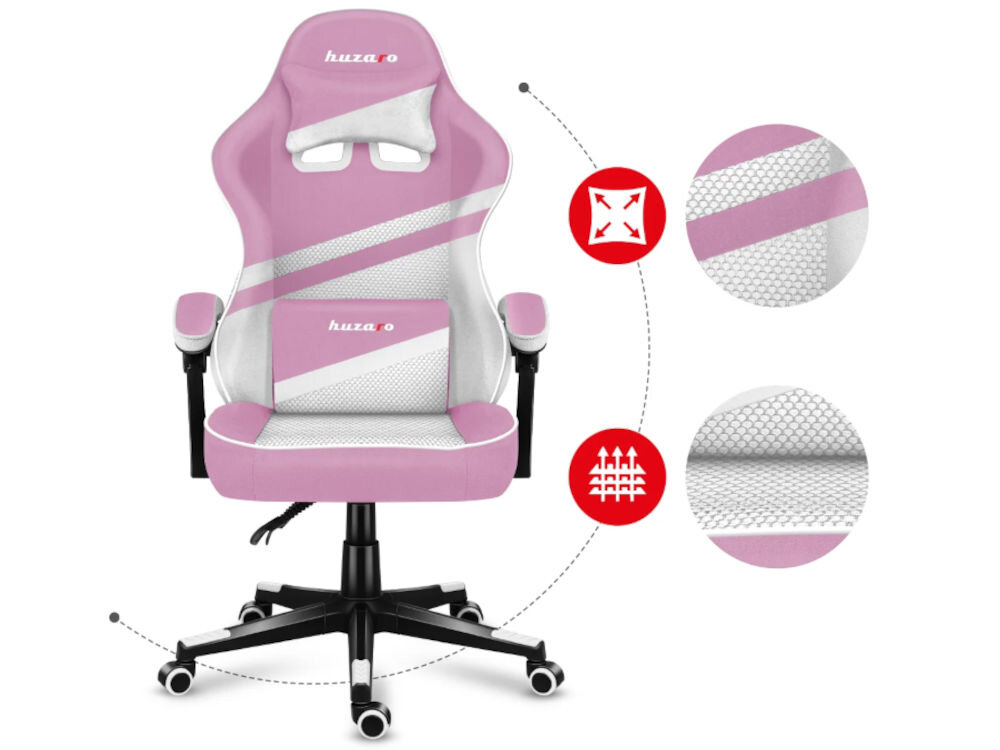 Fotel HUZARO Force 4.4 Różowy prezentacja fotela na białym tle od przodu zbliżenie na oddychający materiał odporny na ścieranie miękkie wypełnienie oparcia i siedziska dostosowuje się do sylwetki użytkownika komfort