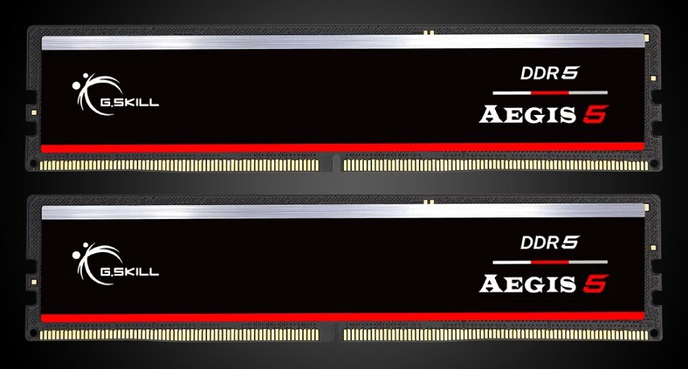 Dwa moduły pamięci RAM z czarnymi radiatorami, na których widnieje logo \'G.SKILL\' oraz napisy \'DDR5\' i \'AEGIS 5\'.
